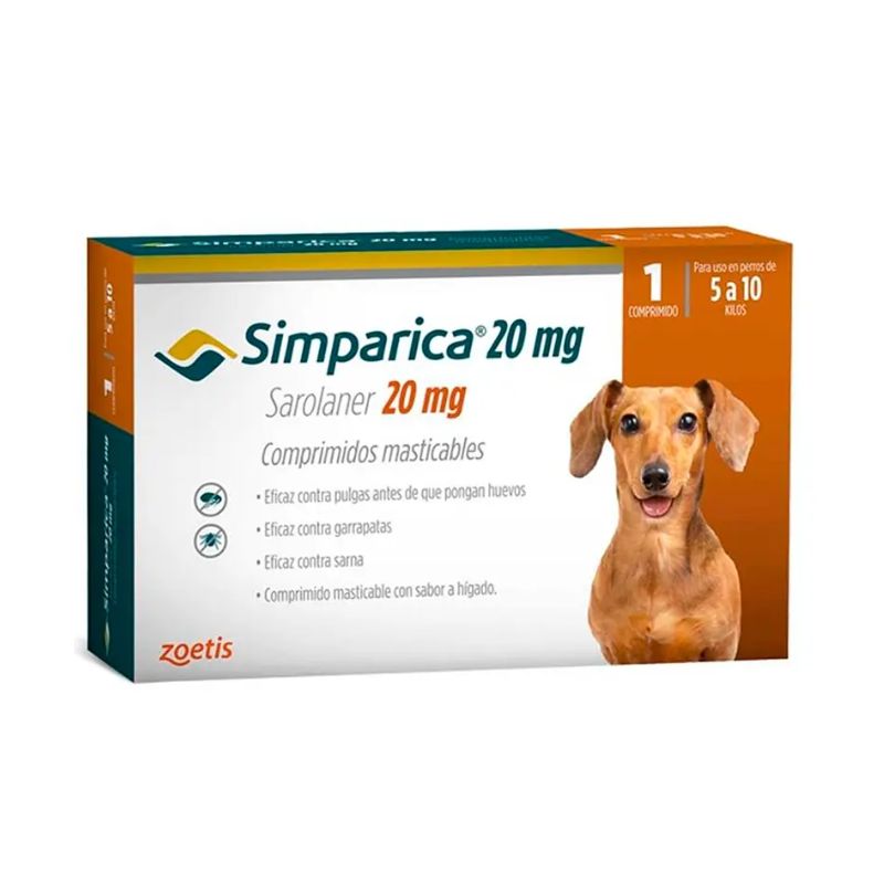 Simparica 5 a 10 KG Simparica 5 a 10 KG x 1 Comprimido es una pastilla masticable para el tratamiento de pulgas, garrapatas y acaros que porducen la sarna. Ofrece una nueva e innovadora forma de controlar las pulgas y las garrapatas al proporcionar actividad inmediata y persistente durante al menos 35 días, actuando más allá del período de tratamiento mensual. Formato para perros entre 5 y 10 kilos. Con su modalidad de 1 comprimido. Podras mantener protegido a tu mascota por mas tiempo y sin pagar de mas. Comprimidos masticables! Acción rápida por hasta 35 días! Simparica tiene una notoria eficacia sostenida y prolongada por hasta 35 días, reduciendo el riesgo de falla de administración mensual.