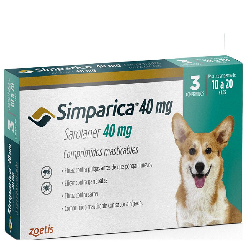 simparica-10-a-20-kg.jpg Simparica 10 a 20 KG 3 Comprimidos es una pastilla masticable para el tratamiento de pulgas, garrapatas y acaros que porducen la sarna. Ofrece una nueva e innovadora forma de controlar las pulgas y las garrapatas al proporcionar actividad inmediata y persistente durante al menos 35 días, actuando más allá del período de tratamiento mensual. Formato para perros entre 10 y 20 kilos. Con su modalidad de 3 comprimos podras mantener protegido a tu mascota por mas tiempo y sin pagar de mas. Comprimidos masticables! Acción rápida por hasta 35 días! Simparica tiene una notoria eficacia sostenida y prolongada por hasta 35 días, reduciendo el riesgo de falla de administración mensual.