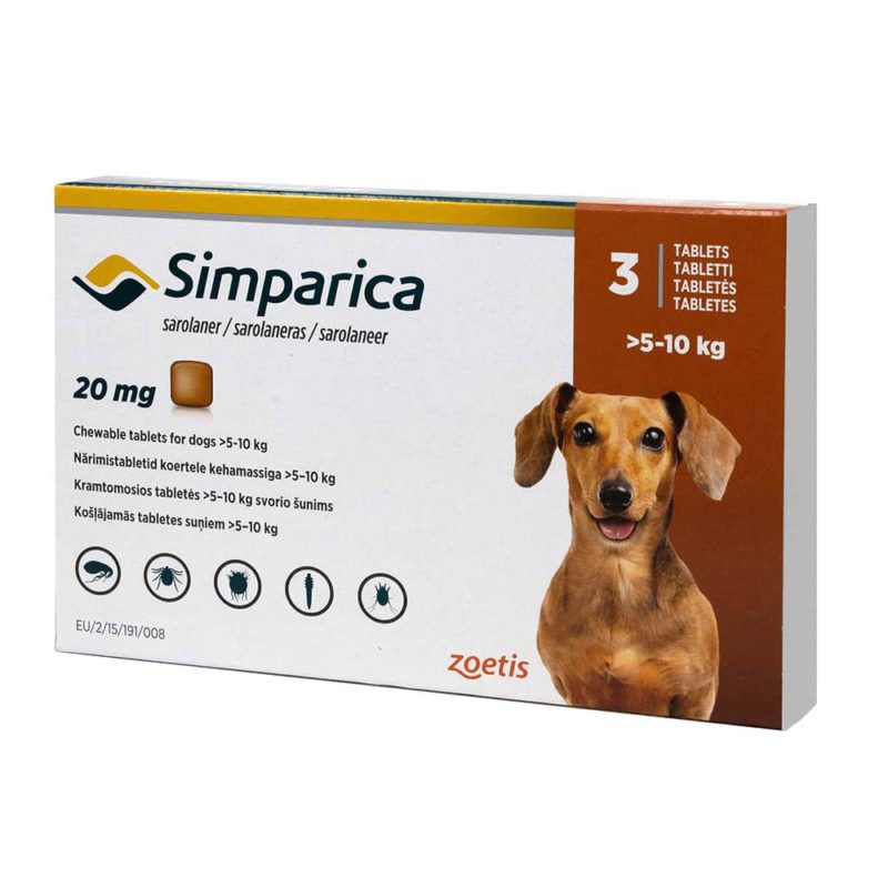 simparica-para-perros-5-a-10-kg.jpg Simparica 5 a 10 kg 3 Comprimidos es una pastilla masticable para el tratamiento de pulgas, garrapatas y acaros que porducen la sarna. Ofrece una nueva e innovadora forma de controlar las pulgas y las garrapatas al proporcionar actividad inmediata y persistente durante al menos 35 días, actuando más allá del período de tratamiento mensual. Formato para perros entre 5 y 10 kilos. Con su modalidad de 3 comprimos podras mantener protegido a tu mascota por mas tiempo y sin pagar de mas. Comprimidos masticables! Acción rápida por hasta 35 días! Simparica tiene una notoria eficacia sostenida y prolongada por hasta 35 días, reduciendo el riesgo de falla de administración mensual.