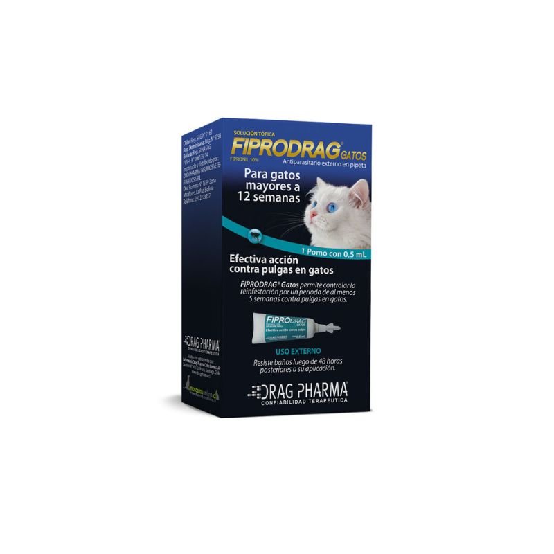 Fiprodrag Gato Fiprodrag Gato es un tratamiento eficaz diseñado específicamente para el control y tratamiento de infestaciones por pulgas y ácaros en gatos. Con una fórmula activa que incluye Fipronil, este antiparasitario garantiza una protección duradera y efectiva. Ideal para gatos mayores de 12 semanas, Fiprodrag no solo combate los parásitos existentes, sino que también actúa como una terapia complementaria para la dermatitis alérgica por pulgas (DAPP), asegurando la salud y el bienestar de tu mascota.
