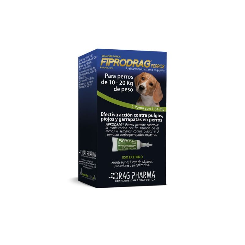 Fiprodrag Perro 10 20 KG Fiprodrag Perro 10 20 KG es un tratamiento diseñado específicamente para el control y tratamiento de infestaciones por pulgas, piojos y garrapatas en perros. Con una fórmula eficaz que incluye Fipronil, este antiparasitario ofrece una protección duradera y es ideal para perros de entre 10 y 20 kilos de peso. Su uso también se recomienda como terapia complementaria para la dermatitis alérgica por pulgas, asegurando la salud y el bienestar de tu mascota durante todo el año.