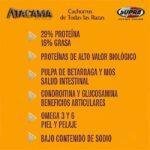 Imagen informativa del alimento Atacama Super Premium para cachorros de todas las razas, con beneficios como 29% proteína, 16% grasa, salud intestinal, beneficios articulares, omega 3 y 6, piel y pelaje, y bajo contenido de sodio