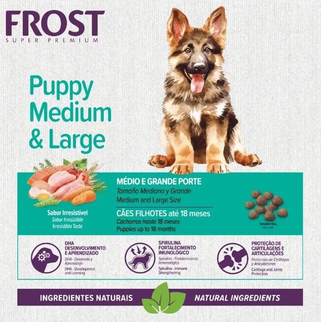 Frost Puppy Medium & Large | Alimento para Cachorros Medianos y Grandes Imagen promocional de Frost Super Premium Puppy Medium & Large para cachorros medianos y grandes, con un cachorro al centro, ingredientes naturales, croquetas y beneficios como DHA, spirulina y protección articular.